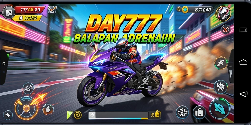 Screenshot utama DAY777 menampilkan aksi balapan motor yang mendebarkan.