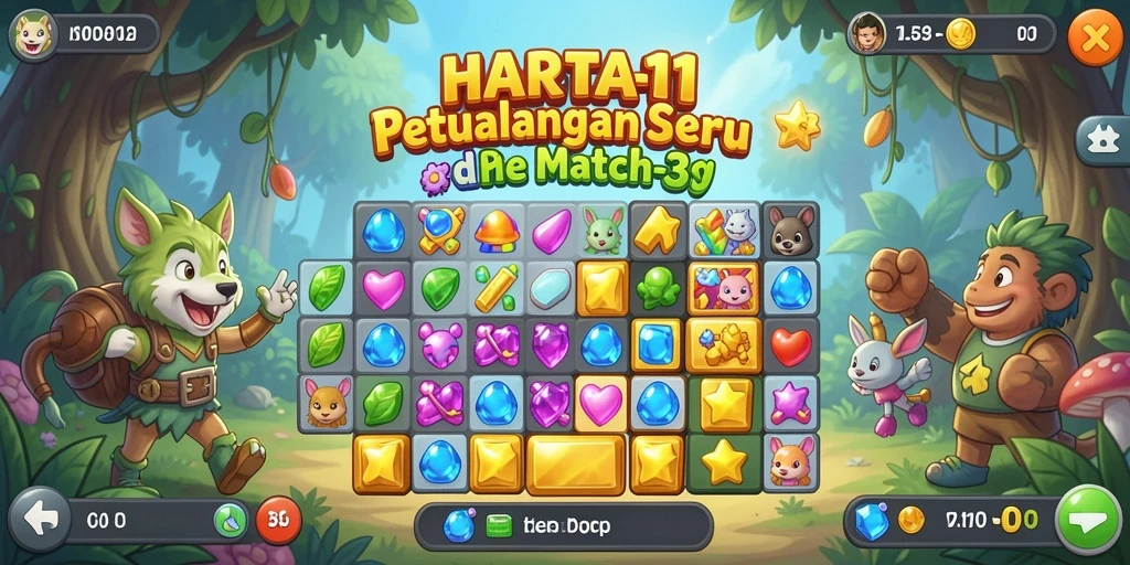 Gambar menampilkan gameplay seru match-3 HARTA11 dengan permata berwarna-warni.