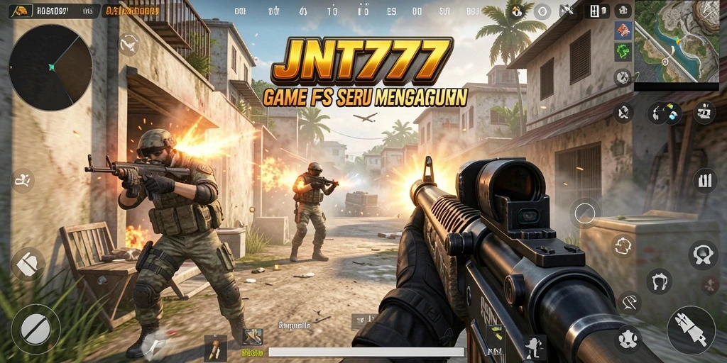 Screenshot JNT777 menampilkan aksi menembak yang menegangkan di medan perang.
