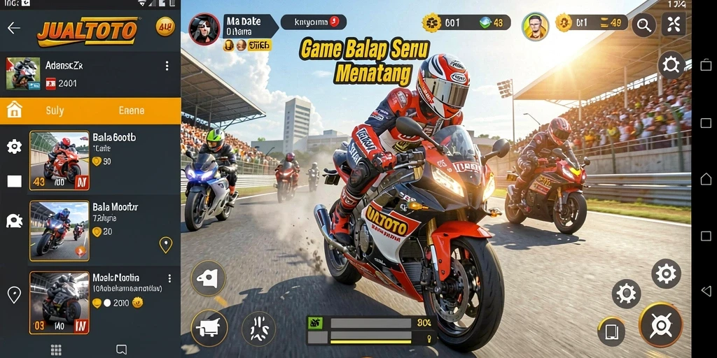 Tampilan gameplay yang menegangkan dalam JUALTOTO dengan balapan motor cepat.
