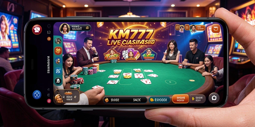 Screenshot KM777 menampilkan dealer langsung dan antarmuka permainan yang menarik.