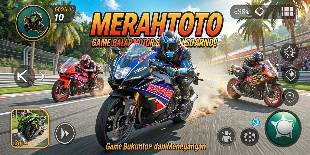 Tampilan seru gameplay MERAHTOTO dengan berbagai motor balap.