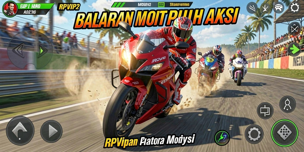 Screenshot gameplay RPVIP2 menampilkan aksi balapan motor yang mendebarkan.