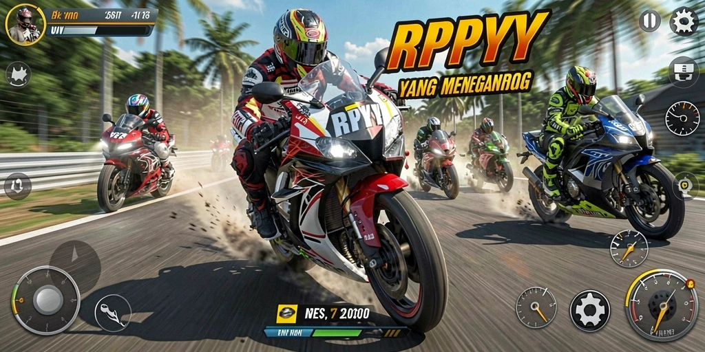 Screenshot gameplay RPYYY menampilkan aksi balapan motor yang intens.