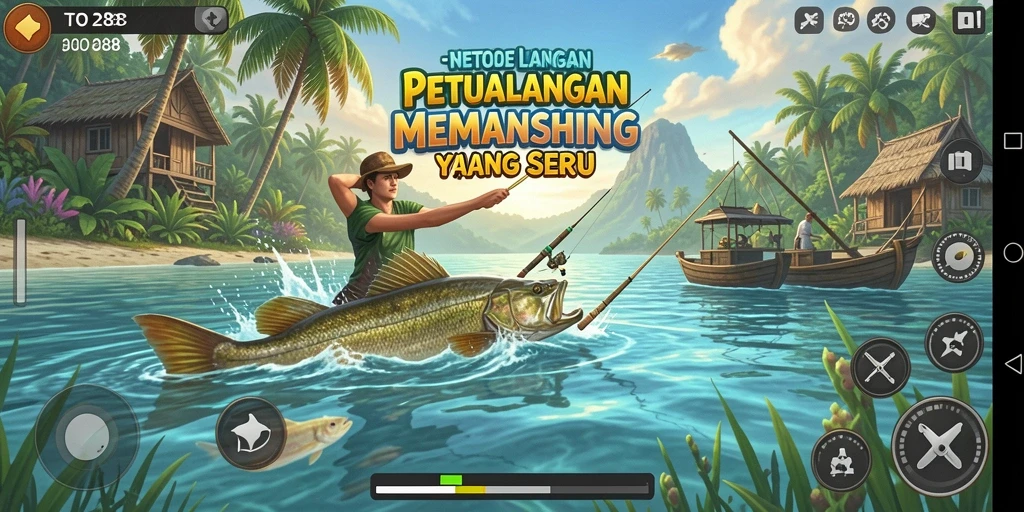 Screenshot dari gameplay TO288 menampilkan aksi memancing yang seru.