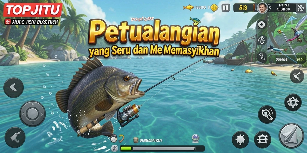 Screenshot game TOPJITU menampilkan aksi menarik saat memancing.