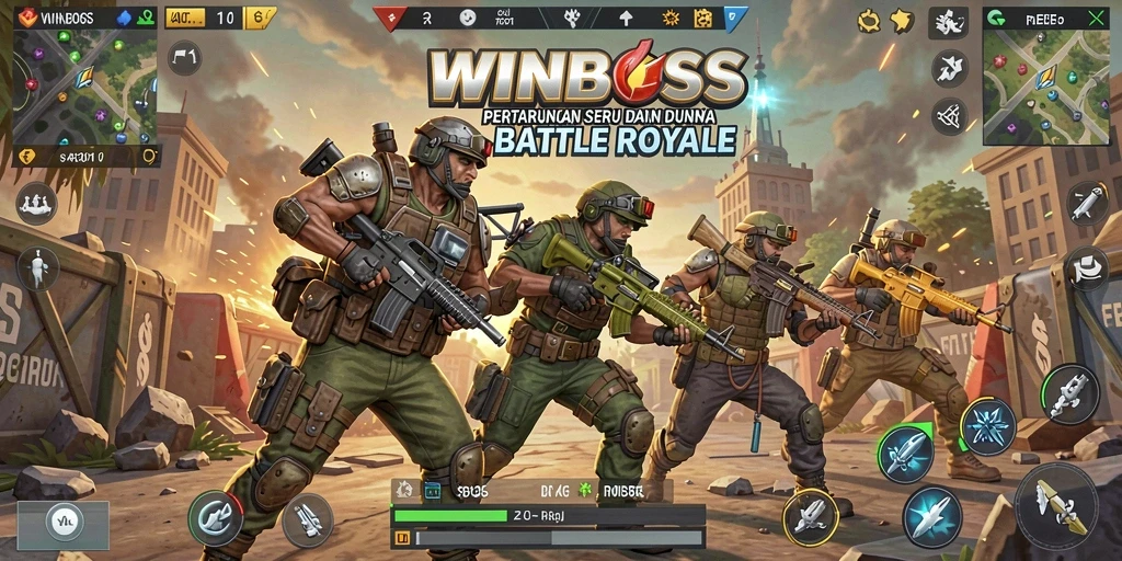 Screenshot gameplay WINBOSS yang menampilkan pertarungan seru di arena.